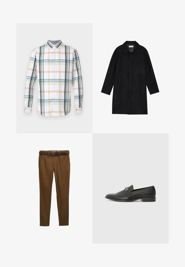 Abrigo negro hecho de un tejido suave y texturizado. Presenta un cuello, mangas raglán, bolsillos laterales y un cierre frontal con botones.; Camisa de manga larga abotonada en tela blanca con un patrón de cuadros multicolores en tonos de verde, beige y gris.; Chinos de algodón marrón con corte recto, que presentan un cinturón marrón y bolsillos laterales. La tela tiene una textura suave y un diseño minimalista.; Mocasín de cuero negro con un acabado suave, que cuenta con un diseño de costura y un acento decorativo de cadena de metal en el empeine. Tacón plano.