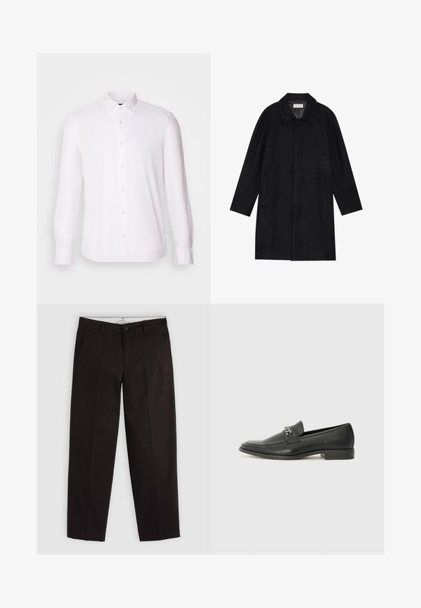 Svart frakk laget av myk, teksturert stoff. Har krage, raglanermer, sidelommer og forsterket knappelukking foran.; Hvit skjorte med lange ermer laget av glatt stoff, med klassisk krage, diskret logo og mansjetter med én knapp.; Sorte straight-leg chinos med beltestropper, knaplukning og sidelommer, vist på en lysegrå baggrund.; Sorte skinnloafers med en glatt finish, og med en sydd design og en dekorativ metallkjedeakcent over foten. Flat hæl.