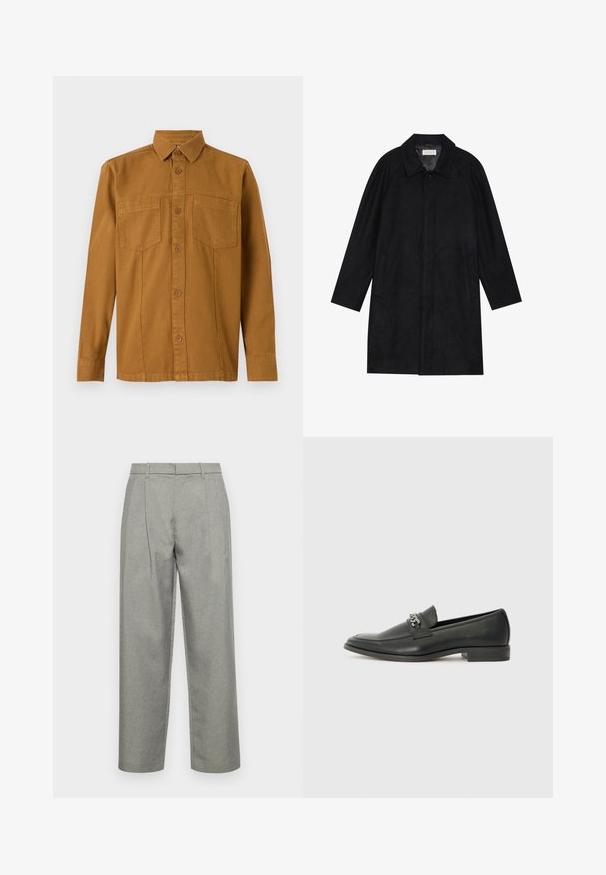 Černý kabát vyrobený z měkké, strukturované tkaniny. Má límec, raglánové rukávy, boční kapsy a přední zapínání na knoflíky.; TOM TAILOR Košile - deep cognac; Šedé vykrojené kalhoty vyrobené z texturované tkaniny, se střihem rovného nohavice, předními sklady a standardním pasem s poutky na opasek.; Černé kožené mokasíny s hladkým povrchem, s prošívaným designem a dekoračním kovovým řetízkem přes nárt. Plochý podpatek.