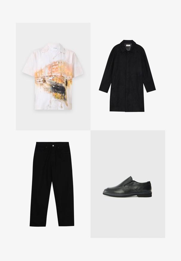 Μαύρο παλτό από μαλακό, υφασμάτινο υλικό με υφή. Διαθέτει γιακά, ράγκλαν μανίκια, πλαϊνές τσέπες και κούμπωμα με κουμπιά μπροστά.; Κοντομάνικο πουκάμισο με κουμπιά, διακοσμημένο με αφηρημένο σχέδιο από υδατοχρώματα σε απαλούς λευκούς, πορτοκαλί και μαύρους τόνους; φτιαγμένο από ελαφρύ ύφασμα.; Μαύρο τζιν παντελόνι με ίσια γραμμή, στυλ πέντε τσεπών και κλείσιμο με κουμπί μπροστά. Απαλή υφή με ελάχιστες ραφές.; Μαύρο δερμάτινο παπούτσι χωρίς κορδόνια με λείο επάνω μέρος, ραφές, στρογγυλή μύτη και χαμηλό λάστιχο τακούνι. Η σόλα διαθέτει ελάχιστο σχέδιο.