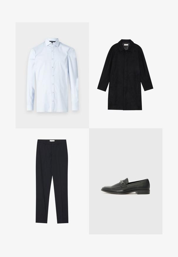 Černý kabát vyrobený z měkké, strukturované tkaniny. Má límec, raglánové rukávy, boční kapsy a přední zapínání na knoflíky.; Světle modrá košile s dlouhým rukávem vyrobená z bavlny, s knoflíkovým zapínáním, špičatým límcem a kontrastním vzorovaným detailem uvnitř límce.; Černé saka s plochým předním dílem, klasického střihu, vyrobené z hladké látky, s přitlačenými sklady a bočními kapsami.; Černé kožené mokasíny s hladkým povrchem, s prošívaným designem a dekoračním kovovým řetízkem přes nárt. Plochý podpatek.