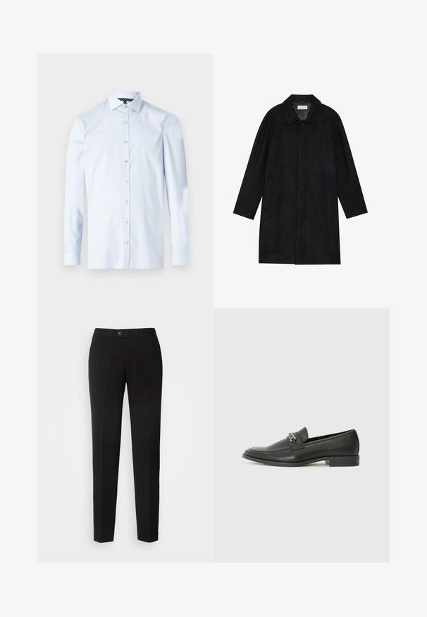 Čierny kabát vyrobený z jemnej, textúrovanej látky. Má golier, raglánové rukávy, bočné vrecká a zapínanie na prednej strane na gombíky.; Svetlomodrá košeľa s dlhým rukávom vyrobená z bavlny, s gombíkovým zapínaním, špicatým golierom a kontrastným vzorovaným detailom vo vnútri goliera.; Čierne nohavice s rovnými nohavicami vyrobené z hladkej tkaniny, s gombíkovým zapínaním a bočnými vreckami v klasickom dizajne.; Čierne kožené loafers s hladkým povrchom, s prešitým dizajnom a dekoratívnym kovovým reťazovým akcentom cez priehlavok. Plochý podpätok.