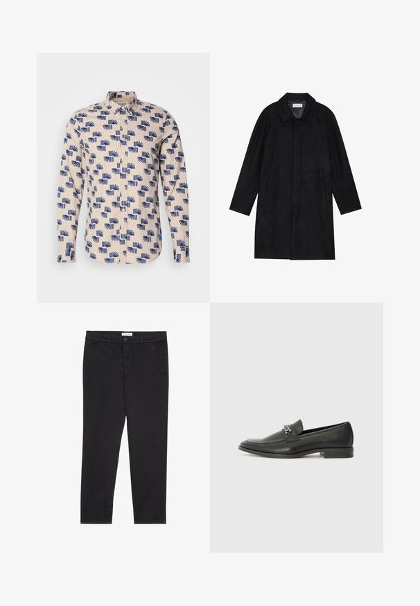 Black coat made from soft, textured fabric. Features a collar, raglan sleeves, side pockets, and a front button closure.; Long-sleeve button-up shirt in light beige featuring a blue geometric pattern. Made of lightweight fabric with a collar and regular-fit design.; Black cotton trousers with a slim fit, featuring two side pockets and a front button closure. Textured fabric with subtle detailing.; Black leather loafer with a smooth finish, featuring a stitched design and a decorative metal chain accent across the vamp. Flat heel.