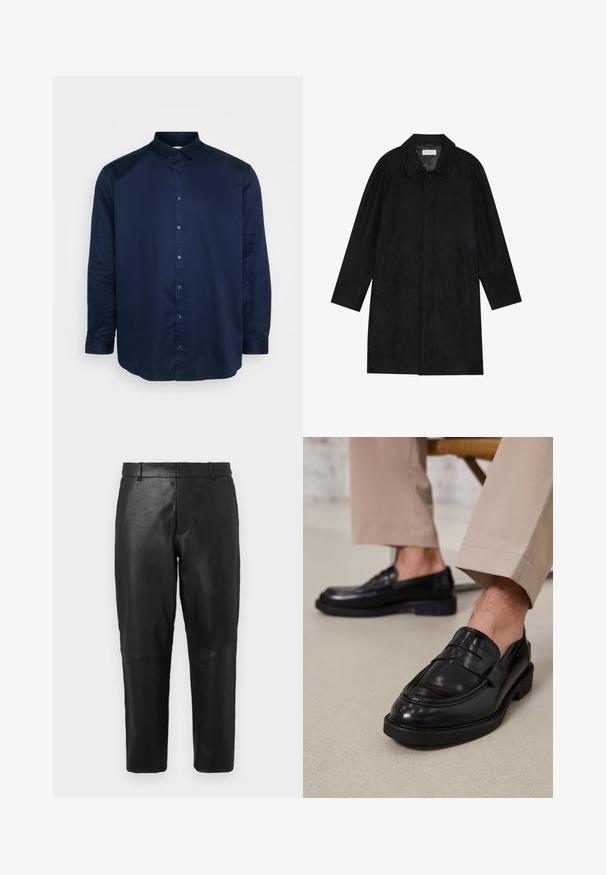Manteau noir en tissu doux et texturé. Présente un col, des manches raglan, des poches latérales et une fermeture à boutons sur le devant.; Chemise boutonnée bleu marine en tissu lisse, dotée d'un col classique, de manches longues et d'une patte de boutonnage avant avec des boutons assortis.; Pantalons droits en cuir noir avec passants de ceinture et poches latérales, présentés sur un fond clair uni.; Mocassins en cuir noir avec une finition lisse, ornés d'une sangle décorative et de coutures contrastées, associés à un pantalon beige.