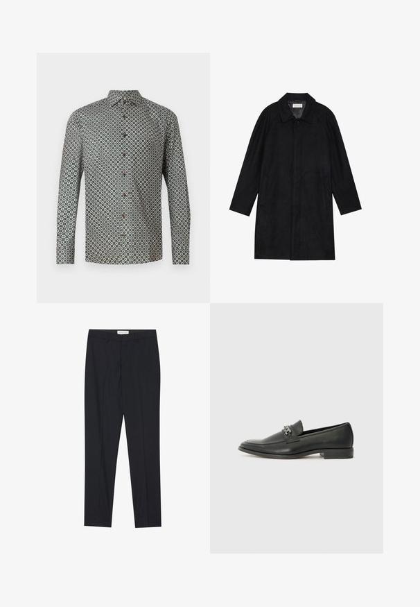 Svart kappa i mjuk, texturerad tyg. Har krage, raglanärmar, sidofickor och knäppning fram med knappar.; Långärmad skjorta i ett grönt tyg med ett upprepat blommönster. Kragen är knapad med bruna knappar fram.; Svarta skräddarsydda byxor med slät front, vanlig passform, tillverkade av ett smidigt tyg, med pressade veck och sidofickor.; Svart läderloafers med en slät yta, med en sydd design och en dekorativ metallkedjeaccent över västen. Platt häldesign.