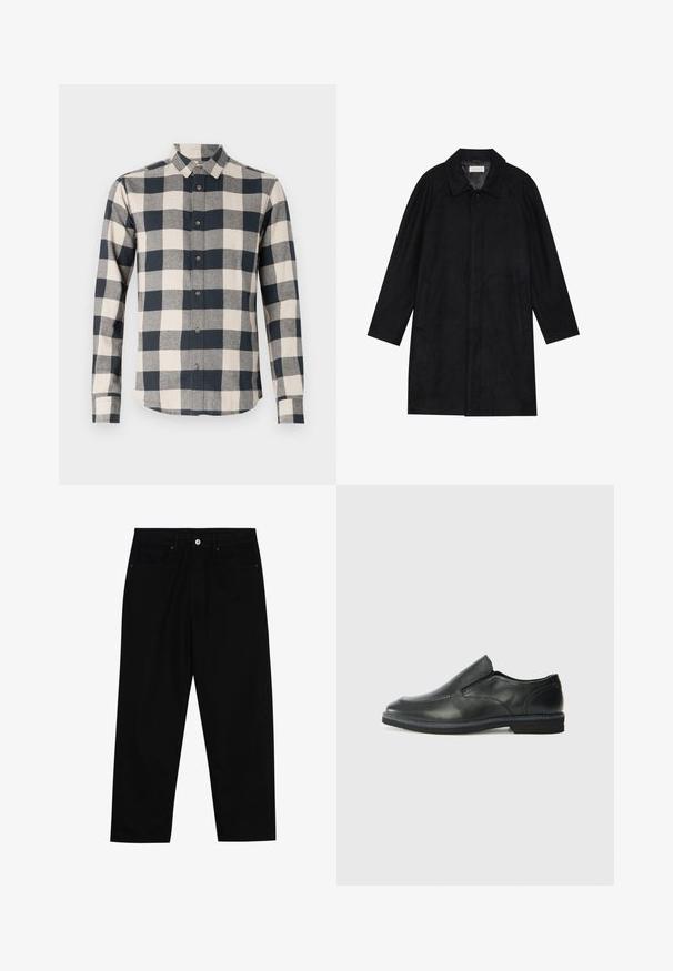 Geacă neagră dintr-un material moale și texturat. Dispune de un guler, mâneci raglan, buzunare laterale și închidere cu nasture în față.; Cămașă cu mânecă lungă, cu un model în carouri bleumarin și crem, guler cu nasturi, din material de bumbac, având un tiv curbat și nasturi contrastanți.; Pantaloni negri din denim cu croială dreaptă, design cu cinci buzunare și închidere frontală cu nasture. Textură netedă cu detalii de cusătură minime.; Pantof de piele neagră, tip slip-on, cu un superior neted, accente cusute, vârf rotunjit și un toc jos din cauciuc. Talpa are un profil minim de aderență.
