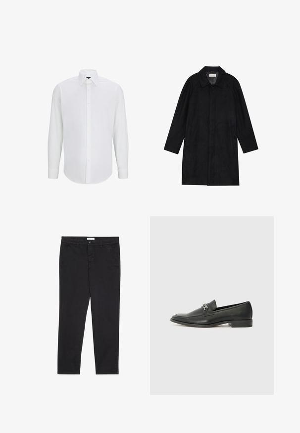 Melnā jaka, izgatavota no mīksta, teksturēta auduma. Ar apkakli, raglāna piedurknēm, sānu kabatām un priekšējo pogu aizdari.; Baltā garām piedurknēm krekls, kas izgatavots no gludas auduma, ar standarta apkakli, priekšējo pogu aizdari un noapaļotu apakšmalu. Nav redzamu rakstu vai akcentu.; Melni kokvilnas bikses ar šauru piegriezumu, kurām ir divas sānu kabatas un priekšējā pogu aizdare. Tekstūrēta auduma ar smalku detalizāciju.; Melna ādas loafer izmēra apavi ar gludu virsmu, piedāvā ar šūtu dizainu un dekoratīvu metāla ķēdes akcentu pār vampu. Plakana papēža daļa.