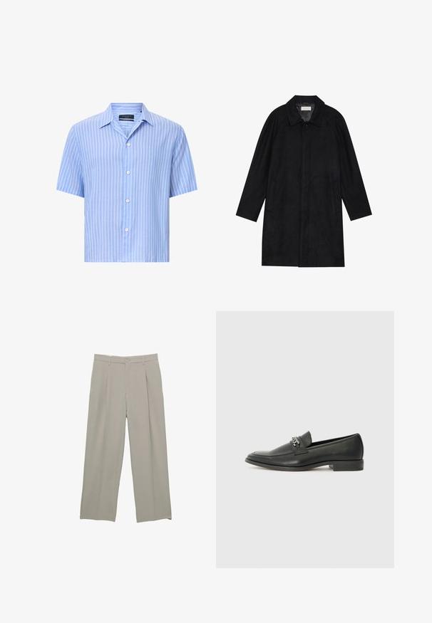 Cappotto nero realizzato in tessuto morbido e texturizzato. Caratterizzato da un colletto, maniche raglan, tasche laterali e chiusura frontale con bottoni.; Camicetta a maniche corte con bottoni di colore azzurro chiaro con strisce verticali bianche. Realizzata in tessuto leggero, presenta un colletto classico e cinque bottoni.; Pantaloni grigi chiari a gamba larga con una texture liscia, dotati di pieghe frontali, chiusura con bottone e tasche laterali.; Mocassino in pelle nera con finitura liscia, caratterizzato da un design cucito e da un accento decorativo in catena metallica sul vamp. Tacco piatto.