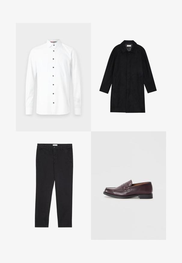Svart frakk laget av myk, teksturert stoff. Har krage, raglanermer, sidelommer og forsterket knappelukking foran.; Hvit langermet skjorte med krage med knapper, som har svarte knapper og en glatt tekstur. Ingen mønstre eller grafikk synlig.; Sorte bomullbukser med smal passform, med to sidelommer og knappelukking foran. Teksturert stoff med subtile detaljer.; Burgunderfargede skinnloafer med avrundet tå, diskret sydd detaljering og en lav svart såle. Klassisk design med minimal pynt.