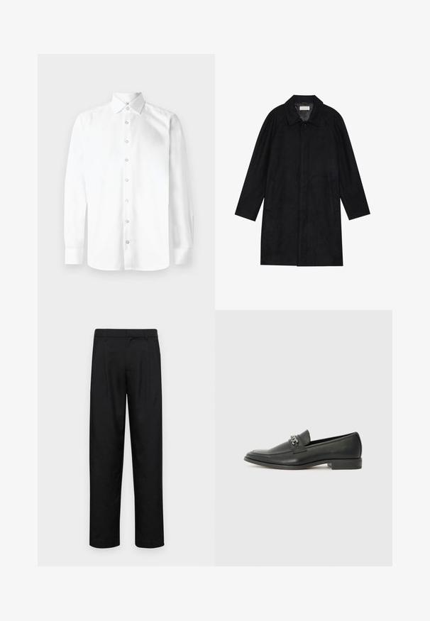 Black coat made from soft, textured fabric. Features a collar, raglan sleeves, side pockets, and a front button closure.; White long-sleeve shirt with a pointed collar, button front, and single-button cuffs. Smooth, plain fabric with no patterns or embellishments.; Black trousers made of smooth fabric, featuring a straight-leg design, two front pleats, and standard waistband with belt loops.; Black leather loafer with a smooth finish, featuring a stitched design and a decorative metal chain accent across the vamp. Flat heel.