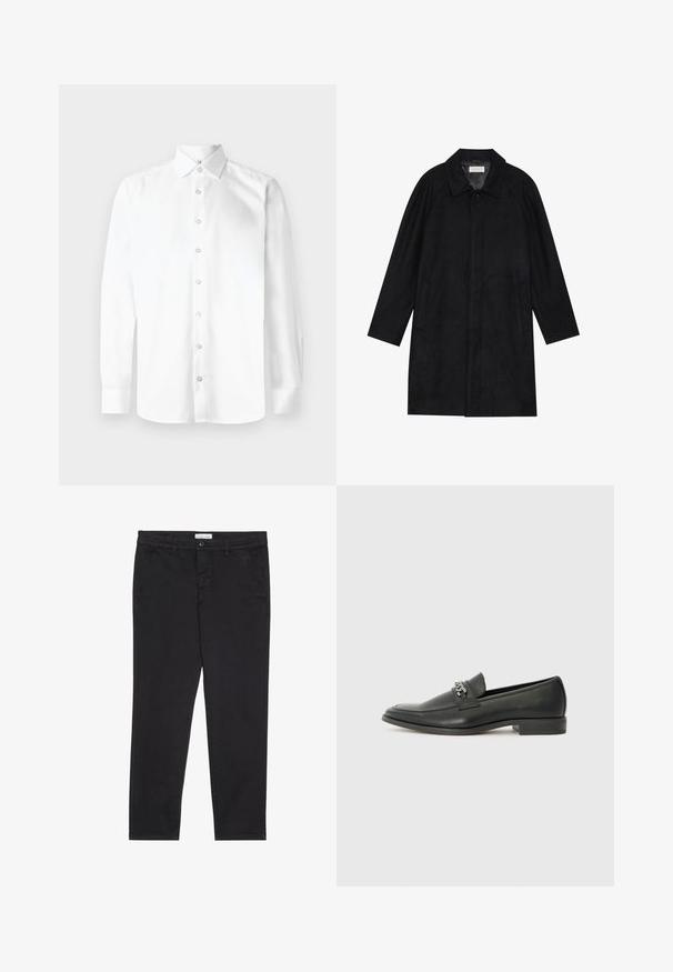 Zwarte jas gemaakt van zachte, gestructureerde stof. Beschikt over een kraag, raglanmouwen, zijzakken en een knoopsluiting aan de voorkant.; Witte lange mouwen shirt met een puntige kraag, knoopsluiting aan de voorkant en manchetten met één knoop. Gladde, effen stof zonder patronen of versieringen.; Zwarte katoenen broeken met een slim fit, voorzien van twee zijzakken en een sluiting met een voorknop. Geweven stof met subtiele.details.; Zwarte leren instapper met een gladde afwerking, voorzien van een gestikt ontwerp en een decoratieve metalen kettingaccent over de wreef. Platte hak.