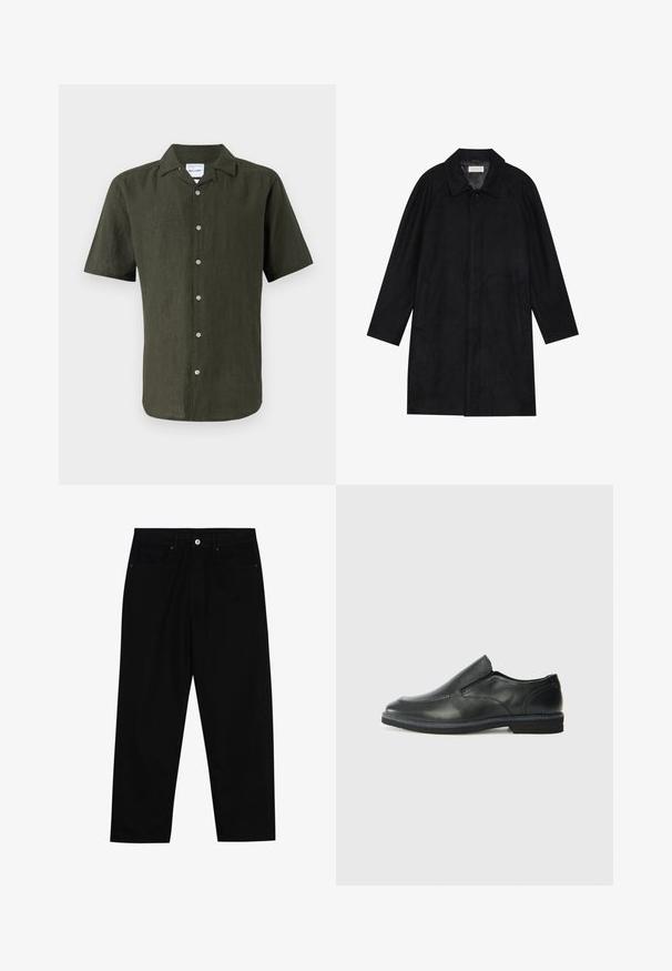 Svart frakk laget av myk, teksturert stoff. Har krage, raglanermer, sidelommer og forsterket knappelukking foran.; Kortermet, mørkegrønn lin-skjorte med krage, frontlukking med knapper og rett nederkant. Strukturett stoff med en lett glans.; Sorte denimbukser med rett benklipp, fem-lomme design og frontknappåpning. Jevn tekstur med minimale sømdetaljer.; Sorte skinn slip-on sko med en jevn overflate, stikking detaljer, rund tå og en lav gummihæl. Sålen har minimal mønstring.