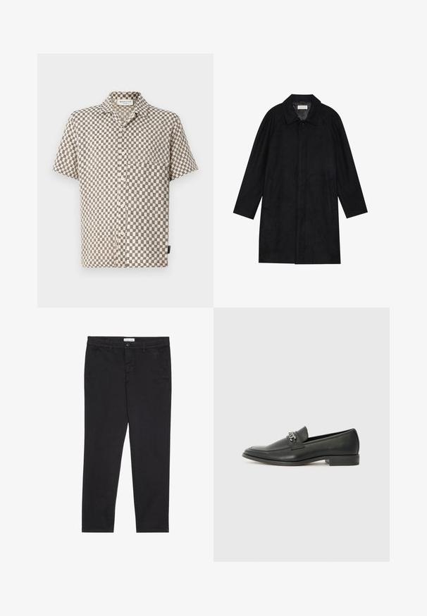 Zwarte jas gemaakt van zachte, gestructureerde stof. Beschikt over een kraag, raglanmouwen, zijzakken en een knoopsluiting aan de voorkant.; Kortebloezem overhemd met knopen, afgewerkt met een beige en zwart geblokt patroon, gemaakt van een textuurstof en voorzien van een borstzak.; Zwarte katoenen broeken met een slim fit, voorzien van twee zijzakken en een sluiting met een voorknop. Geweven stof met subtiele.details.; Zwarte leren instapper met een gladde afwerking, voorzien van een gestikt ontwerp en een decoratieve metalen kettingaccent over de wreef. Platte hak.
