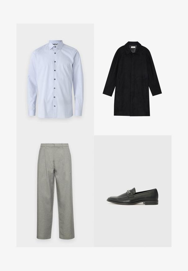 Schwarzer Mantel aus weichem, strukturiertem Stoff. Besitzt einen Kragen, Raglansärmel, seitliche Taschen und einen vorderen Knopfverschluss.; Hellblaues Langarmshirt aus Baumwolle. Verfügt über einen button-down Kragen und sechs kontrastierende dunkle Knöpfe auf der Vorderseite. Glatte Textur.; Graue maßgeschneiderte Hose aus strukturiertem Stoff mit geradem Bein, Bundfalten und einem Standardbund mit Gürtelschlaufen.; Schwarzer Lederloafer mit glatter Oberfläche, ausgestattet mit einer gesteppten Gestaltung und einem dekorativen Metallkettendetail über dem Vorderblatt. Flacher Absatz.