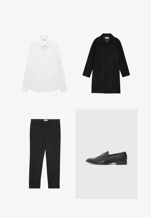 Crni kaput izrađen od mekog, teksturiranog materijala. Ima ovratnik, raglan rukave, bočne džepove i prednje dugme za zatvaranje.; Duga košulja s dugim rukavima, bijela, s oštrim ovratnikom, prednjim zatvaranjem na gumbe i gumbima na manžetama. Glatka tkanina s klasičnim krojem.; Crne pamučne hlače uskog kroja, s dva bočna džepa i prednjim zatvaranjem na dugme. Teksturirana tkanina s suptilnim detaljima.; Crna kožna loafer cipela s glatkom finišem, s ušivenim uzorkom i dekorativnim metalnim lancem preko prednjeg dijela. Ravni potplat.