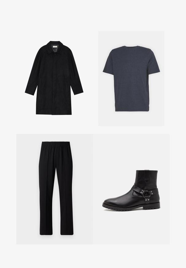 Svart frakk laget av myk, teksturert stoff. Har krage, raglanermer, sidelommer og forsterket knappelukking foran.; Marineblå T-skjorte med rund hals laget av myk bomullsblanding, med korte ermer og vanlig passform. Ingen synlige mønstre eller accenter.; Svart, elastisk midjebukser med rett ben-design, med en glatt tekstur og uten synlige mønstre eller maskinvare.; Svart læder ankelstøvle med spids tå, flad gummisål og en dekorativ rem med en metalring og nitter. Glat tekstur.