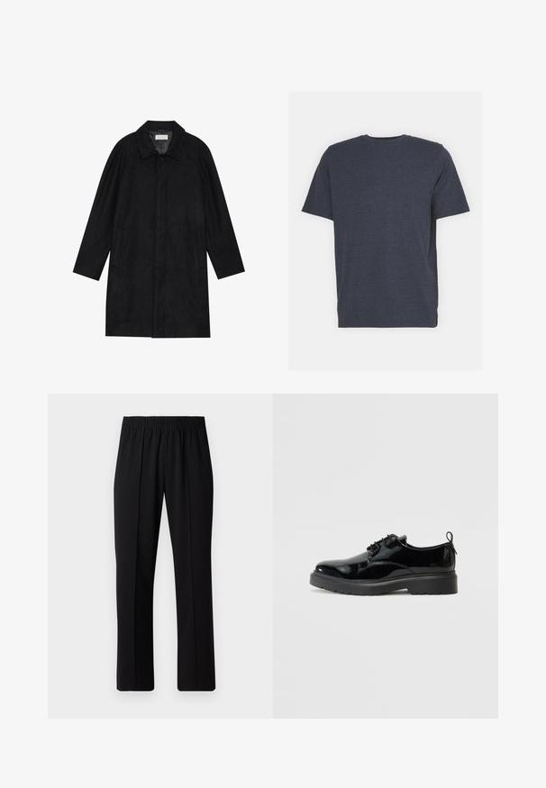 Černý kabát vyrobený z měkké, strukturované tkaniny. Má límec, raglánové rukávy, boční kapsy a přední zapínání na knoflíky.; Navy modrá tričko s kulatým výstřihem vyrobené z jemné bavlněné směsi, s krátkými rukávy a regular fit. Žádné viditelné vzory ani akcenty.; Černé kalhoty s elastickým pasem a rovnými nohavicemi, s hladkým povrchem a bez viditelných vzorů nebo kovových doplňků.; Černé lakové šněrovací boty s tlustou pryžovou podrážkou a poutkem na patě, zobrazené ze vnitřní strany na bílém pozadí.