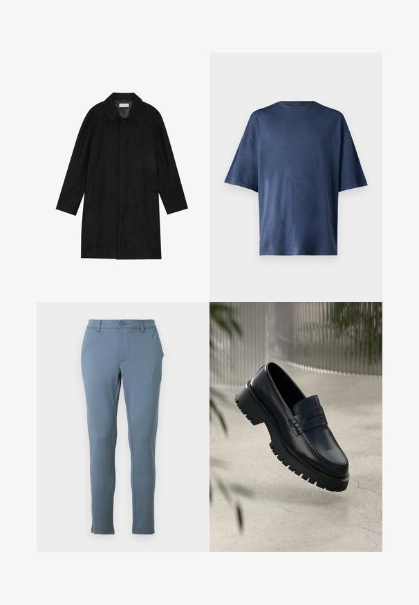 Czarny płaszcz wykonany z miękkiego, teksturowanego materiału. Posiada kołnierz, rękawy raglanowe, boczne kieszenie oraz zapięcie na guziki z przodu.; Granatowa koszulka z krótkim rękawem, wykonana z miękkiego materiału, z klasycznym okrągłym dekoltem i luźnym krojem, bez widocznych wzorów czy akcentów.; Jasnoniebieskie dopasowane spodnie z miękkiego materiału, charakteryzujące się gładką teksturą, z klamrą na guzik z przodu oraz dopasowanymi szwami po bokach.; Czarne skórzane mokasyny z grubą podeszwą, z dekoracyjnym paskiem i detalami w st więcej. Gładka struktura z polerowanym wykończeniem.