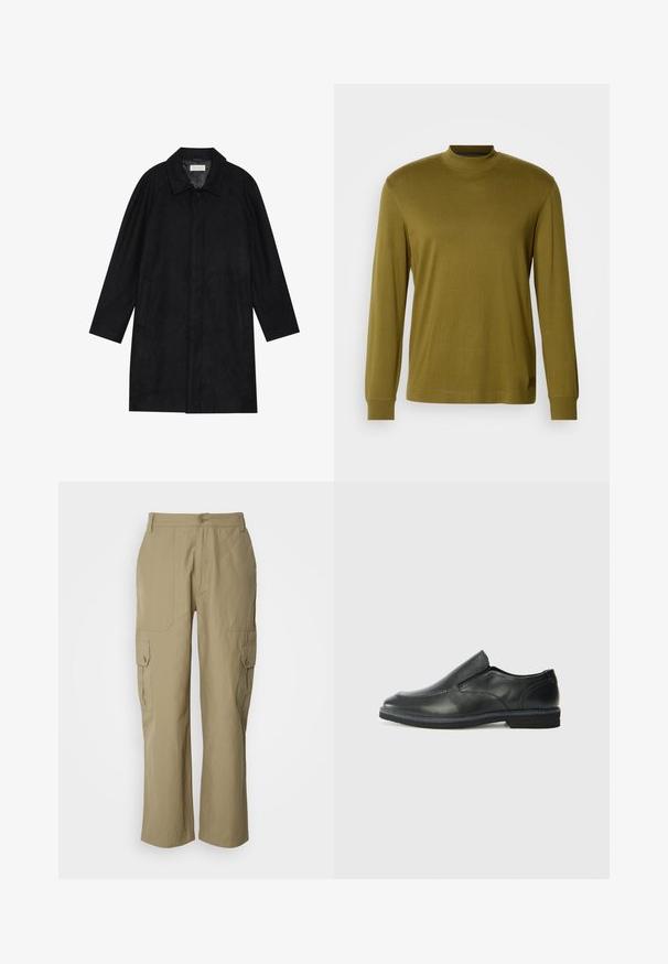 Casaco preto feito de um tecido macio e texturado. Apresenta um colarinho, mangas raglan, bolsos laterais e um fecho frontal com botões.; Camisola de gola alta de manga longa em verde-azeitona, feita de tecido suave, com um design ajustado e golas e punhos canelados.; Calças cargo bege feitas de tecido leve, com dois bolsos laterais, fecho de botão e um design de perna reta.; Sapato slip-on preto em pele com um upper liso, acabamentos cosidos, bico arredondado e um salto de borracha baixo. A sola apresenta um padrão de aderência mínimo.