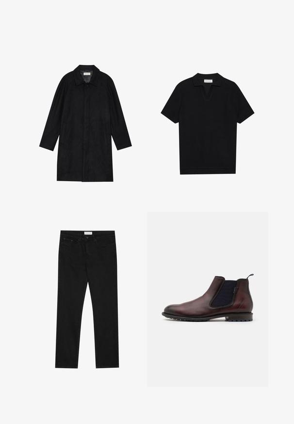 Fekete kabát puha, texturált anyagból készült. Gallérral, raglán ujjal, oldalsó zsebekkel és elülső gombos záródással rendelkezik.; Fekete, rövid ujjú pólóing texturált, bordázott anyagból, v-nyakkivágással és egyenes aljjal. Nincsenek látható logók vagy minták.; Fekete egyenes szárú farmernadrág, öt zsebes dizájnnal, gombos és cipzáras záródással, valamint Pier One márka címkével a derékrészen.; Barna bőr Chelsea csizma rugalmas oldalsó panelekkel, kerek orral és texturált fekete gumitalppal. Simább felület enyhe fénylással.