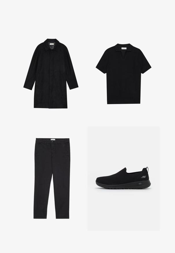 Melnā jaka, izgatavota no mīksta, teksturēta auduma. Ar apkakli, raglāna piedurknēm, sānu kabatām un priekšējo pogu aizdari.; Melns īsām piedurknēm polo krekls ar teksturētu, ribotu audumu, ar V veida kakla izgriezumu un taisnu apakšmalu. Bez redzamām emblēmām vai rakstiem.; Melni kokvilnas bikses ar šauru piegriezumu, kurām ir divas sānu kabatas un priekšējā pogu aizdare. Tekstūrēta auduma ar smalku detalizāciju.; Melnas slip-on kedas ar elpojošu acs augšdaļu, apaļu purngalu un mīkstu gumijas zoli. Uz sāna ir logotips.