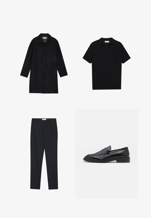 Melnā jaka, izgatavota no mīksta, teksturēta auduma. Ar apkakli, raglāna piedurknēm, sānu kabatām un priekšējo pogu aizdari.; Melns īsām piedurknēm polo krekls ar teksturētu, ribotu audumu, ar V veida kakla izgriezumu un taisnu apakšmalu. Bez redzamām emblēmām vai rakstiem.; Melni pielāgoti bikses ar taisnu priekšpusi, regulāra piegriezuma, izgatavotas no gluda auduma, ar presētām krokām un sānu kabatām.; Melnas ādas loafers ar gludu virsmu, ar noapaļotu purngalu un šauru joslu pāri augšdaļai. Zems kaudzes papēdis.