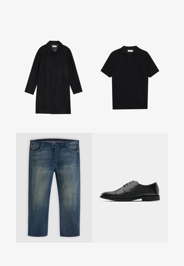 Černý kabát vyrobený z měkké, strukturované tkaniny. Má límec, raglánové rukávy, boční kapsy a přední zapínání na knoflíky.; Černé polo tričko s krátkým rukávem vyrobené z texturované pleteniny, které má lodičkový výstřih a rovný lem. Žádné viditelné logo ani vzory.; Modré džíny z denimu s knoflíkovým zapínáním, klasický design s pěti kapsami a bledými detaily na stehnech a kolenou.; Černé kožené společenské boty s kulatou špičkou, šněrováním, jemnými švy a nízkým podpatkem. Hladký povrch s lesklým finišem.