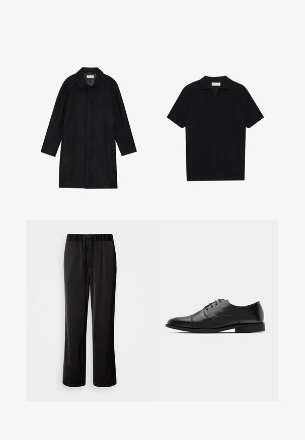Fekete kabát puha, texturált anyagból készült. Gallérral, raglán ujjal, oldalsó zsebekkel és elülső gombos záródással rendelkezik.; Fekete, rövid ujjú pólóing texturált, bordázott anyagból, v-nyakkivágással és egyenes aljjal. Nincsenek látható logók vagy minták.; Fekete, laza szabású nadrág, rugalmas derékkal és állítható húzózsinórral. Simaságú anyag, oldalsó varrással, zsebek nélkül.; Fekete bőr férfi dresszcipő, lekerekített orral, fűzős kialakítással, diszkrét varrási részletekkel és alacsony sarokkal. Simább felület, fényes kivitel.