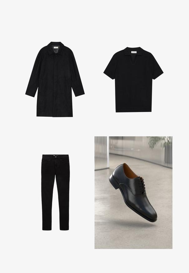 Fekete kabát puha, texturált anyagból készült. Gallérral, raglán ujjal, oldalsó zsebekkel és elülső gombos záródással rendelkezik.; Fekete, rövid ujjú pólóing texturált, bordázott anyagból, v-nyakkivágással és egyenes aljjal. Nincsenek látható logók vagy minták.; Fekete farmernadrág, slim fit szabással, öt zsebbel és gombos záródással. Simább textúra és minimális varrási részletek.; Fekete bőr öltönyi cipő sima felülettel, hegyes orral és fűzős kialakítással. Az talp mentén diszkrét varrás található.