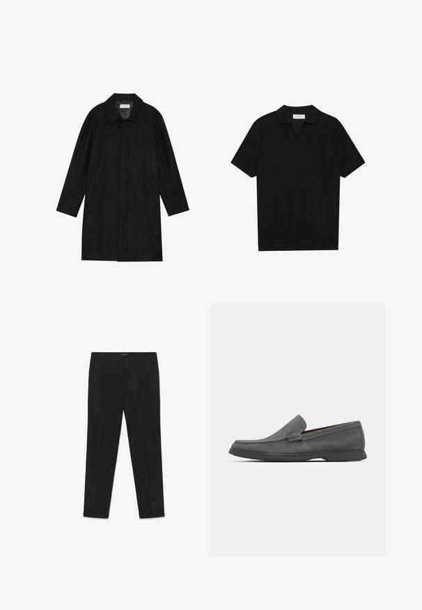 Must mustritud pehme kangast must mantel. Omab kraed, raglanvarrukaid, külgkotte ja ees nuppe.; Must päikesepolo särk mustas värvitoonis, valmistatud tekstuurses ribakangas, millel on V-kaelus ja sirge äär. Ilma nähtavate logode või mustriteta.; Mustad püksid, mis on valmistatud siledast kangast, kitsas lõige, lame esikülg, kaks küljetaskut ja vöökoht, mis sulgub nupuga.; Hallid hallad kampsunid ümarate varvaste, õmblusdetailide ja madala kummitaldaga. Omavad libiseva disaini ilma nähtava riistvarata.