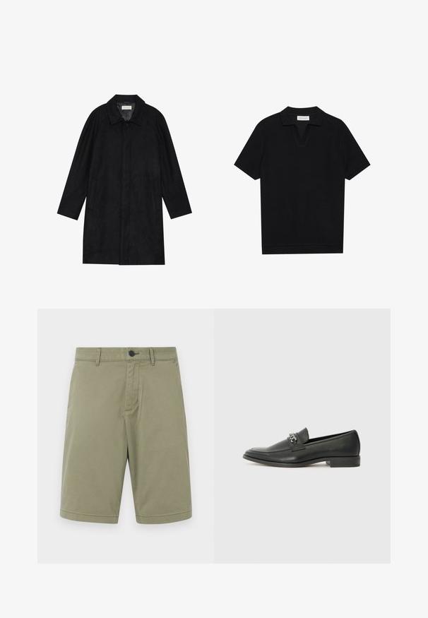 Melnā jaka, izgatavota no mīksta, teksturēta auduma. Ar apkakli, raglāna piedurknēm, sānu kabatām un priekšējo pogu aizdari.; Melns īsām piedurknēm polo krekls ar teksturētu, ribotu audumu, ar V veida kakla izgriezumu un taisnu apakšmalu. Bez redzamām emblēmām vai rakstiem.; Kaki šorti, kas izgatavoti no kokvilnas, ar jostas cilpām, priekšējo pogu un viegli plakanu dizainu bez kabatām.; Melna ādas loafer izmēra apavi ar gludu virsmu, piedāvā ar šūtu dizainu un dekoratīvu metāla ķēdes akcentu pār vampu. Plakana papēža daļa.