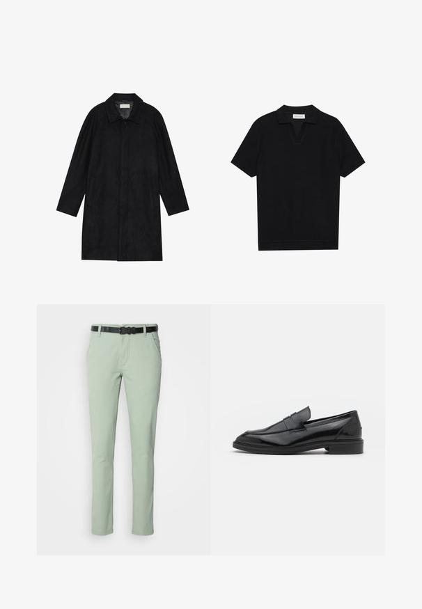 Melnā jaka, izgatavota no mīksta, teksturēta auduma. Ar apkakli, raglāna piedurknēm, sānu kabatām un priekšējo pogu aizdari.; Melns īsām piedurknēm polo krekls ar teksturētu, ribotu audumu, ar V veida kakla izgriezumu un taisnu apakšmalu. Bez redzamām emblēmām vai rakstiem.; Gaiši zaļas bikses ar šauru piegriezumu, ko rotā melna josta. Izgatavotas no kokvilnas, ar sānu kabatām un gludu tekstūru.; Melnas ādas loafers ar gludu virsmu, ar noapaļotu purngalu un šauru joslu pāri augšdaļai. Zems kaudzes papēdis.