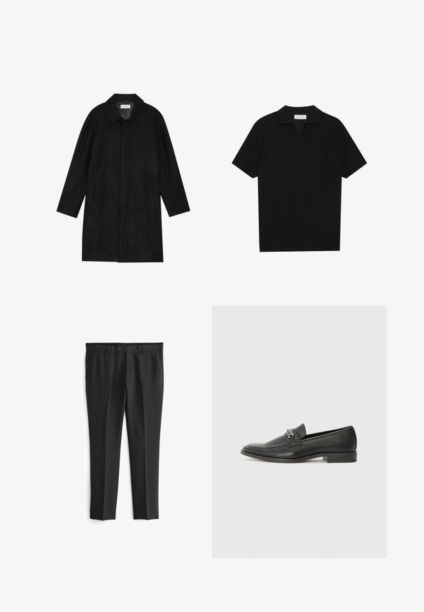 Crni kaput izrađen od mekog, teksturiranog materijala. Ima ovratnik, raglan rukave, bočne džepove i prednje dugme za zatvaranje.; Crna polu-majica kratkih rukava s teksturiranim, rebrastim materijalom, s V-izrezom i ravnim rubom. Bez vidljivih logotipa ili uzoraka.; Crne krojene hlače s ravnim prednjim dijelom, dva bočna džepa i kopčom na gumb. Glatka tekstura i ravni kroj.; Crna kožna loafer cipela s glatkom finišem, s ušivenim uzorkom i dekorativnim metalnim lancem preko prednjeg dijela. Ravni potplat.