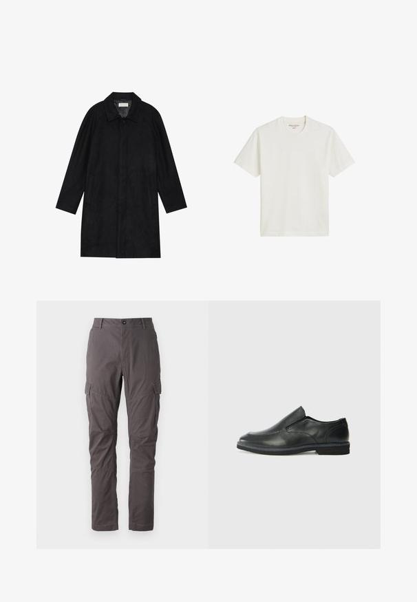 Zwarte jas gemaakt van zachte, gestructureerde stof. Beschikt over een kraag, raglanmouwen, zijzakken en een knoopsluiting aan de voorkant.; Katoenen t-shirt in gebroken wit, met een ronde hals ontwerpe met korte mouwen, uitgerust met een rechte zoom en minimale branding op het label.; Grijze cargo broek met een rechte snit, uitgerust met meerdere zijzakken en versterkte stiksels langs de benen. Gemaakt van duurzame stof.; Zwarte leren instapper met een soepele bovenkant, gestikte accenten, ronde neus en een lage rubberen hak. De zool heeft minimale profiel.
