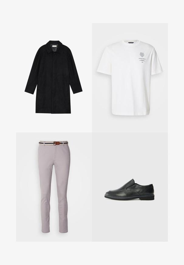 Must mustritud pehme kangast must mantel. Omab kraed, raglanvarrukaid, külgkotte ja ees nuppe.; Valge puuvillane T-särk, ümmarguse kaeluse, lühikeste varrukate ning halli värvi trükitud logo ja teksti disainiga esiküljel.; Heled hallid puuvillaseguse kangaga püksid, millel on kitsas lõige, lame esiosa ja pruun-sinise triibuga vöö, millel on ristkülikukujuline pandla.; Must musta laia suuga king, millel on sile ülemine osa, õmmeldud detailid, ümmargune nina ja madal kummist konts. Tallal on minimaalne mustr.