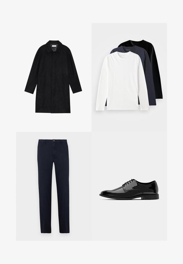 Casaco preto feito de um tecido macio e texturado. Apresenta um colarinho, mangas raglan, bolsos laterais e um fecho frontal com botões.; Três camisetas de manga longa empilhadas: uma branca, uma azul marinho escura e uma preta. Feitas de algodão suave, com decotes redondos e fendas laterais.; Calças de algodão azul marinho com design de perna reta, fecho frontal de correr e fecho com um único botão. Textura lisa sem padrões visíveis.; Sapata de vestido em pele envernizada preta com biqueira arredondada, design com atacadores e superfície lisa e brilhante. Apresenta uma sola de borracha de perfil baixo.