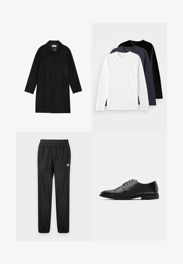 Schwarzer Mantel aus weichem, strukturiertem Stoff. Besitzt einen Kragen, Raglansärmel, seitliche Taschen und einen vorderen Knopfverschluss.; Drei langärmelige T-Shirts gestapelt: eines in Weiß, eines in Dunkelblau und eines in Schwarz. Aus glattem Baumwollstoff gefertigt, mit runden Ausschnitten und seitlichen Schlitzen.; Schwarze Umbro Trainingshose mit elastischem Bund, seitlichen Taschen, schmal zulaufenden Beinen und Logo auf dem rechten Oberschenkel vor einem weißen Hintergrund.; Schwarzer Leder-Dieerschuh mit runder Zehenform, Schnürdesign, dezenten Nähdetails und niedrigem Absatz. Glatte Textur mit polierter Oberfläche.