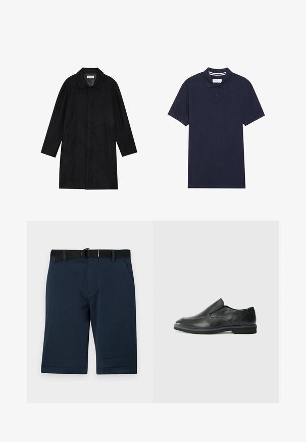 Črn plašč, izdelan iz mehkega, strukturiranega blaga. Ima ovratnik, raglan rokave, stranske žepe in sprednje zapiranje na gumbe.; Polo majica v temno modri barvi, izdelana iz teksturiranega blaga, z zapiranjem na tri gumbe, kratkimi rokavi in podrobnostjo na ovratniku v črtastem vzorcu.; Morske modre hlače kratke iz teksturiranega materiala, z nastavljivim črnim pasom, dvema stranskima žepoma in ravnim robom.; Črne usnjene natikače z gladkim zgornjim delom, prišitimi detajli, zaobljenim nosom in nizkim gumijastim petkom. Podplat ima minimalen profil.