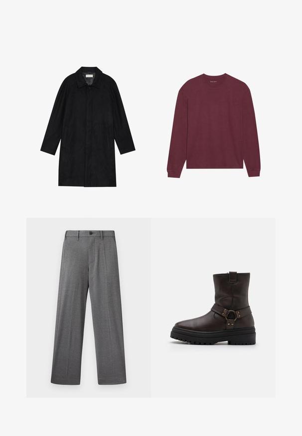 Abrigo negro hecho de un tejido suave y texturizado. Presenta un cuello, mangas raglán, bolsillos laterales y un cierre frontal con botones.; Camiseta de manga larga burdeos con cuello redondo, corte relajado y puños acanalados. Fabricada con una suave y ligera mezcla de algodón.; Pantalones grises de pierna ancha hechos de tela texturizada con cierre de botón, bolsillos laterales y detalles de pliegue marcado a lo largo de las piernas.; Botín de cuero marrón hasta el tobillo con punta cuadrada, detalles de hebilla y suela negra gruesa. Presenta un cierre lateral con cremallera y una superficie texturizada.