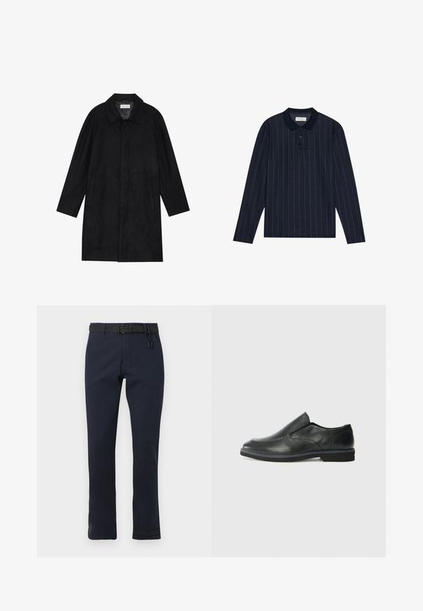 Cappotto nero realizzato in tessuto morbido e texturizzato. Caratterizzato da un colletto, maniche raglan, tasche laterali e chiusura frontale con bottoni.; Polo a maniche lunghe di colore navy con collo a camicia, caratterizzato da sottili righe verticali e una chiusura con tre bottoni. Tessuto morbido.; Pantaloni blu navy con taglio dritto, realizzati in tessuto resistente. Presentano una cintura nera e un design semplice senza motivi.; Scarpa nera in pelle con inserto scivolare, superiore liscio, dettagli cuciti, punta arrotondata e tacco in gomma basso. La suola presenta un battistrada minimale.