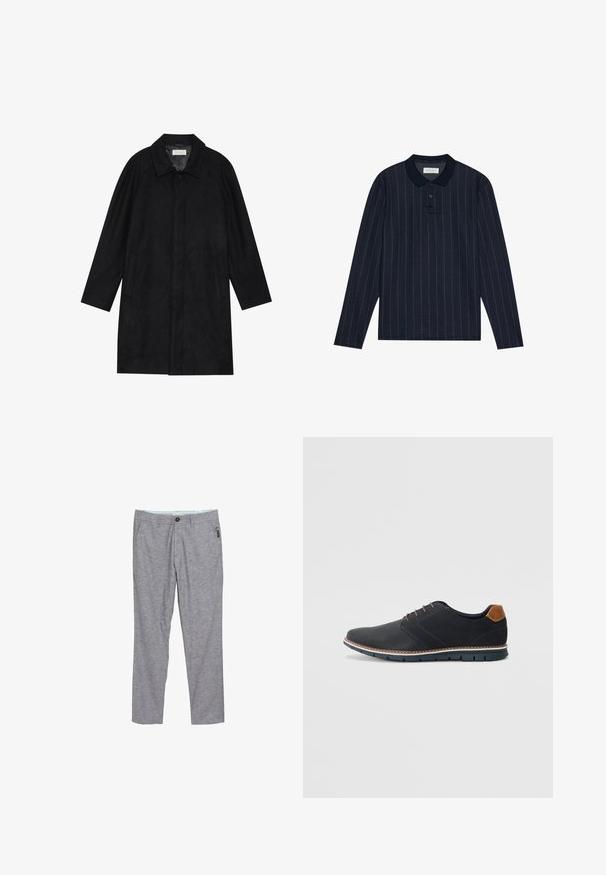 Czarny płaszcz wykonany z miękkiego, teksturowanego materiału. Posiada kołnierz, rękawy raglanowe, boczne kieszenie oraz zapięcie na guziki z przodu.; Granatowa polo w długim rękawie z kołnierzykiem, z cienkimi pionowymi paskami i zapięciem na trzy guziki. Miękka tekstura materiału.; Szare spodnie o prostym kroju wykonane z teksturowanej tkaniny. Posiadają zapięcie na guzik, szlufki na pasek oraz małą boczną kieszeń.; Czarne syntetyczne buty z fakturowaną cholewką, gładkimi akcentami, brązowym obcasem i kontrastującą podeszwą. Charakteryzują się minimalnym sznurowaniem i detalami w szwach.