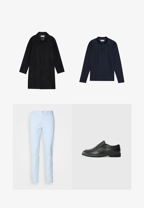 Geacă neagră dintr-un material moale și texturat. Dispune de un guler, mâneci raglan, buzunare laterale și închidere cu nasture în față.; Polo cu mânecă lungă de culoare bleumarin, cu guler, având dungi verticale subțiri și placket cu trei nasturi. Textură de țesătură moale.; Chinoși din bumbac de culoare albastru deschis, cu croi slim, având fermoar, închidere cu un singur nasture și buzunare frontale. Textură netedă și design minimal.; Pantof de piele neagră, tip slip-on, cu un superior neted, accente cusute, vârf rotunjit și un toc jos din cauciuc. Talpa are un profil minim de aderență.