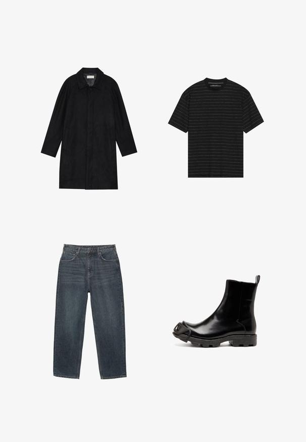 Černý kabát vyrobený z měkké, strukturované tkaniny. Má límec, raglánové rukávy, boční kapsy a přední zapínání na knoflíky.; Černé tričko s krátkým rukávem, zdobené tenkými bílými horizontálními pruhy. Vyrobeno z měkké tkaniny s kulatým výstřihem a volným střihem.; Tmavě modré džínové kalhoty s rovným střihem, pěti kapsami, poutky na opasek a jemným vyblednutím materiálu. Stehování na lemu.; Černé gumové kotníkové boty s lesklým povrchem, mají zaoblenou špičku a osobitý, tvarovaný prvek na špičce. Texturovaná černá podrážka.