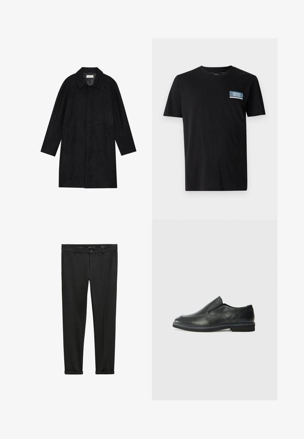 Schwarzer Mantel aus weichem, strukturiertem Stoff. Besitzt einen Kragen, Raglansärmel, seitliche Taschen und einen vorderen Knopfverschluss.; Schwarzes T-Shirt mit kurzen Ärmeln aus weichem Stoff, mit einem blauen rechteckigen Patch mit dem Text "DENIM TOM TAILOR" auf der linken Brust.; Schwarze, maßgeschneiderte Hose mit geradem Bein, ausgestattet mit Fronttaschen, einem Knopfverschluss und hochgekrempelten Säumen für einen eleganten Look.; Schwarze Leder-Slipper mit glattem Obermaterial, gesteppten Akzenten, runder Zehenpartie und niedrigem Gummiabsatz. Die Sohle hat ein minimales Profil.