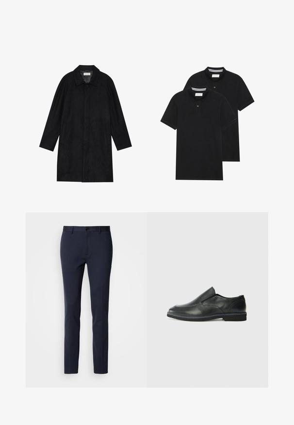 Abrigo negro hecho de un tejido suave y texturizado. Presenta un cuello, mangas raglán, bolsillos laterales y un cierre frontal con botones.; Dos camisetas polo negras, de manga corta, de material de algodón, que presentan un cuello clásico, una tapeta de dos botones y acentos de rayas blancas en el interior del cuello.; Pantalones navy fabricados con una tela suave y elástica. Cuentan con cremallera, un solo botón de cierre y piernas delgadas y ajustadas.; Zapato negro de cuero sin cordones con un upper suave, detalles de costura, punta redonda y un bajo tacón de goma. La suela presenta una tracción mínima.