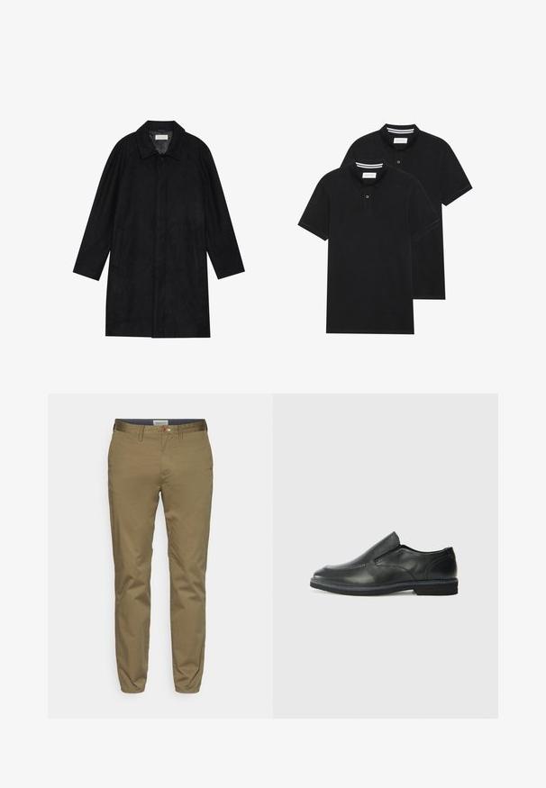 Melnā jaka, izgatavota no mīksta, teksturēta auduma. Ar apkakli, raglāna piedurknēm, sānu kabatām un priekšējo pogu aizdari.; Divas melnas polo krekli, īsām piedurknēm, no kokvilnas materiāla, ar klasisku apkakli, divu pogu aizdari un balti svītroti akcenti apkakles iekšpusē.; Khaki chinos, kas izgatavoti no kokvilnas maisījuma, ar šauru piegriezumu un gludu tekstūru, ar brūnu pogu un audumu jostas detaļām.; Melnas ādas slip-on kurpes ar gludu augšdaļu, izšūtām akcentiem, noapaļotu purngala daļu un zemu gumijas papēdi. Zole ar minimālu rakstu.