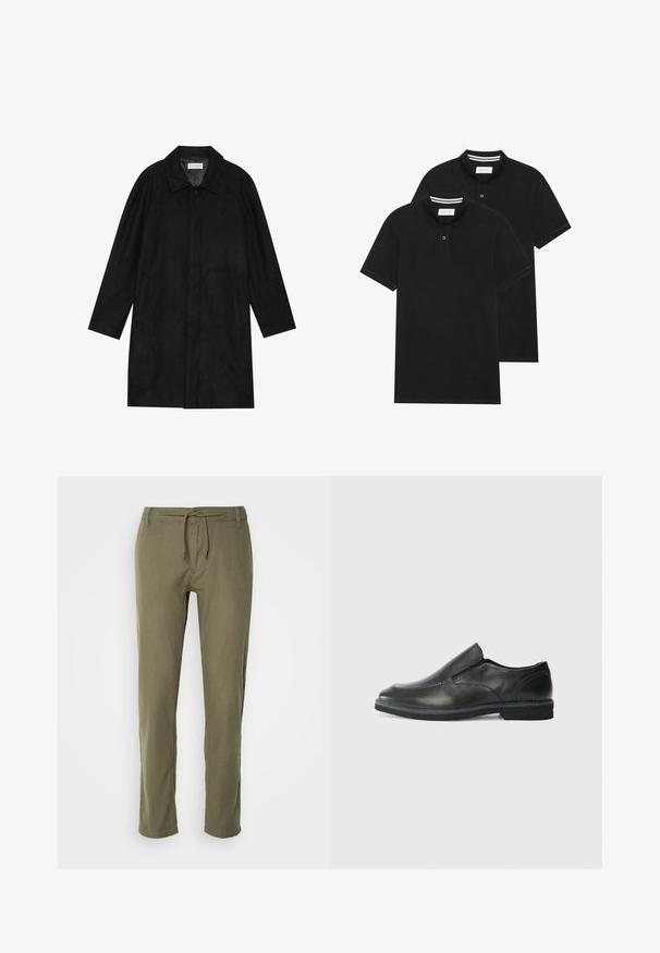 Geacă neagră dintr-un material moale și texturat. Dispune de un guler, mâneci raglan, buzunare laterale și închidere cu nasture în față.; Două tricouri polo negre, cu mânecă scurtă, din material de bumbac, având un guler clasic, deschidere cu două butoane și accente albe cu dungi în interiorul gulerului.; Pantaloni ușori, de culoare verde măsliniu, cu croi drept, talie ajustabilă cu șnur și țesătură subtil texturată. Nu sunt vizibile buzunare.; Pantof de piele neagră, tip slip-on, cu un superior neted, accente cusute, vârf rotunjit și un toc jos din cauciuc. Talpa are un profil minim de aderență.