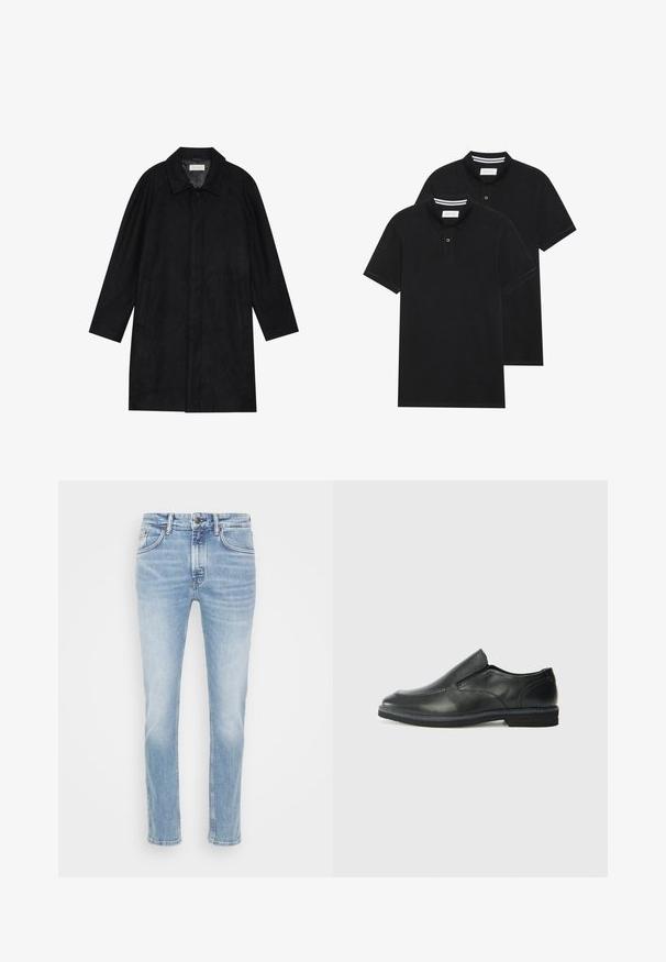 Crni kaput izrađen od mekog, teksturiranog materijala. Ima ovratnik, raglan rukave, bočne džepove i prednje dugme za zatvaranje.; Dva crna polo majice, kratki rukavi, pamučni materijal, sa klasičnom ovratnikom, čepom sa dva gumba i bijelim prugastim detaljima unutar ovratnika.; Svijetloplave traperice s ravnim nogavicama, blago izblijedjele, sa pet džepova i metalnim gumbom za zatvaranje u struku.; Crne kožne cipele na sklapanje s glatkom gornjom površinom, prošivenim detaljima, zaobljenim vrhom i niskim gumene potplate. Potplat ima minimalne uzorke.