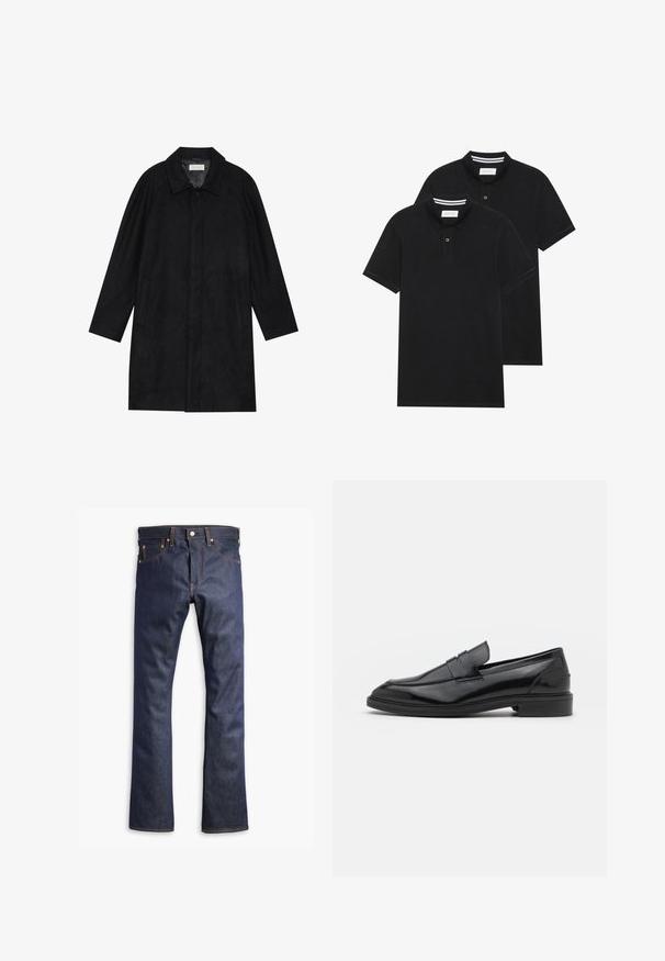 Juodas paltas, pagamintas iš minkštos, tekstūruotos medžiagos. Su apykakle, raglan rankovėmis, šoninėmis kišenėmis ir priekinėmis mygtukų uždarymo detalėmis.; Du žaidimų juodos polo marškiniai, trumpomis rankovėmis, pagaminti iš medvilnės, su klasikinėmis apykaklėmis, dviem mygtukais priekyje ir baltais dryžiais apykaklės viduje.; Tamsiai mėlyni džinsai su tiesiu kirpimu, su oranžinėmis siūlėmis, penkiais kišenėmis ir mygtuko uždarymu. Lygus paviršius ir patvarus audinys.; Juodos odinės loafers batai su lygiu paviršiumi, turintys apvalią noselę ir siaurą juostelę per viršų. Žemas sluoksnis kulnas.