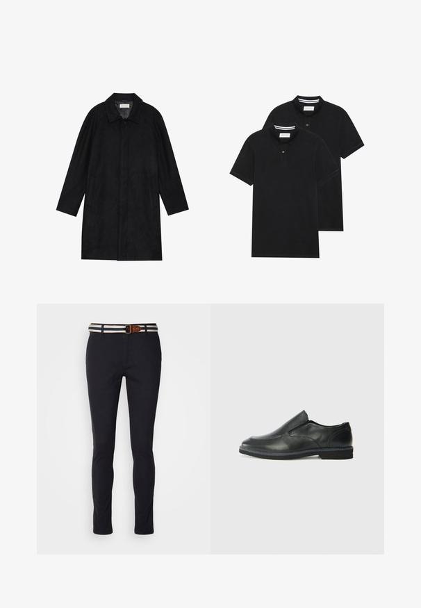 Manteau noir en tissu doux et texturé. Présente un col, des manches raglan, des poches latérales et une fermeture à boutons sur le devant.; Deux polos noirs, à manches courtes, en coton, avec un col classique, une patte de boutonnage à deux boutons, et des accents rayés blancs à l'intérieur du col.; Pantalons en coton navy à coupe slim, dotés d'une ceinture tissée rayée avec un accent en cuir marron et une fermeture éclair classique.; Chaussure slip-on en cuir noir avec une tige lisse, des accents cousus, un bout arrondi et un petit talon en caoutchouc. La semelle présente un profil de traction minimal.